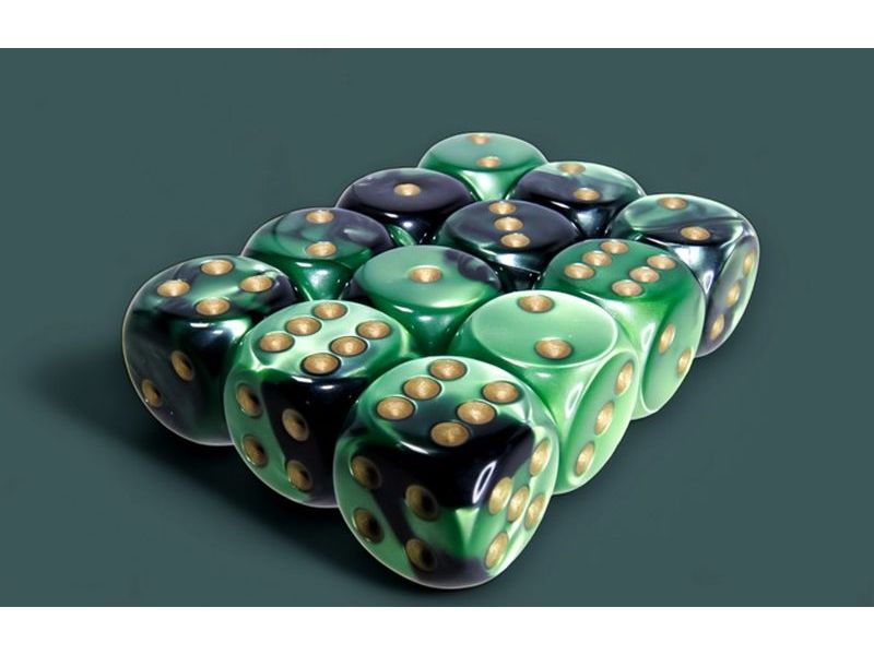Chessex Würfelset Gemini 16 mm d6 Schwarz-Grün/Gold 12 Stk. Würfelset mit 12 Würfeln