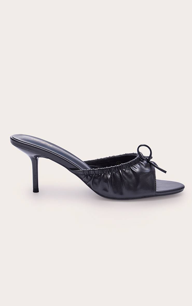 Noir Mules À Talon Chaton En Synthétiquecuir Avec Détail Nœud Et Empeigne Froncée