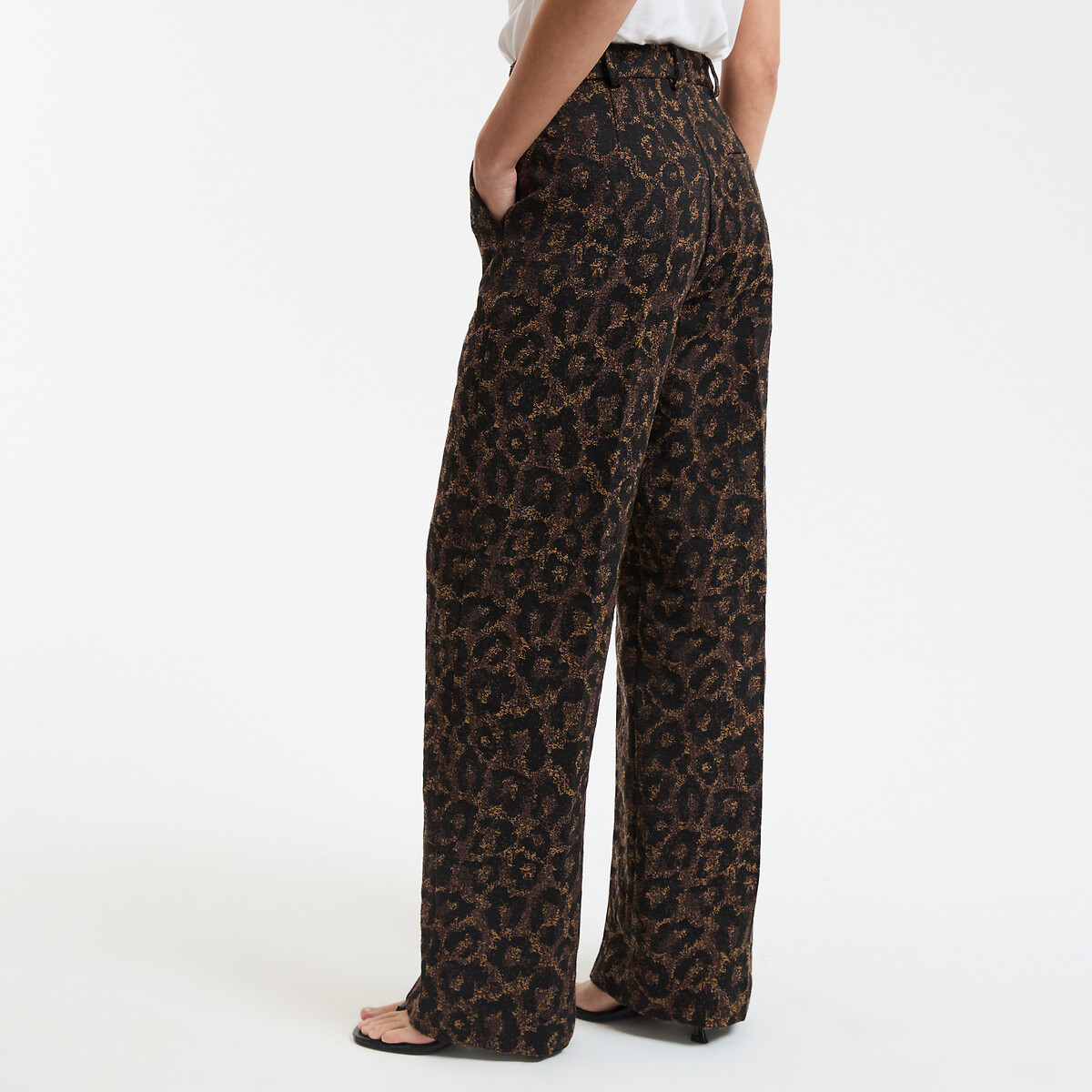 COLEÇÕES LA REDOUTE<br>Calças retas de cintura alta em jacquard de leopardo