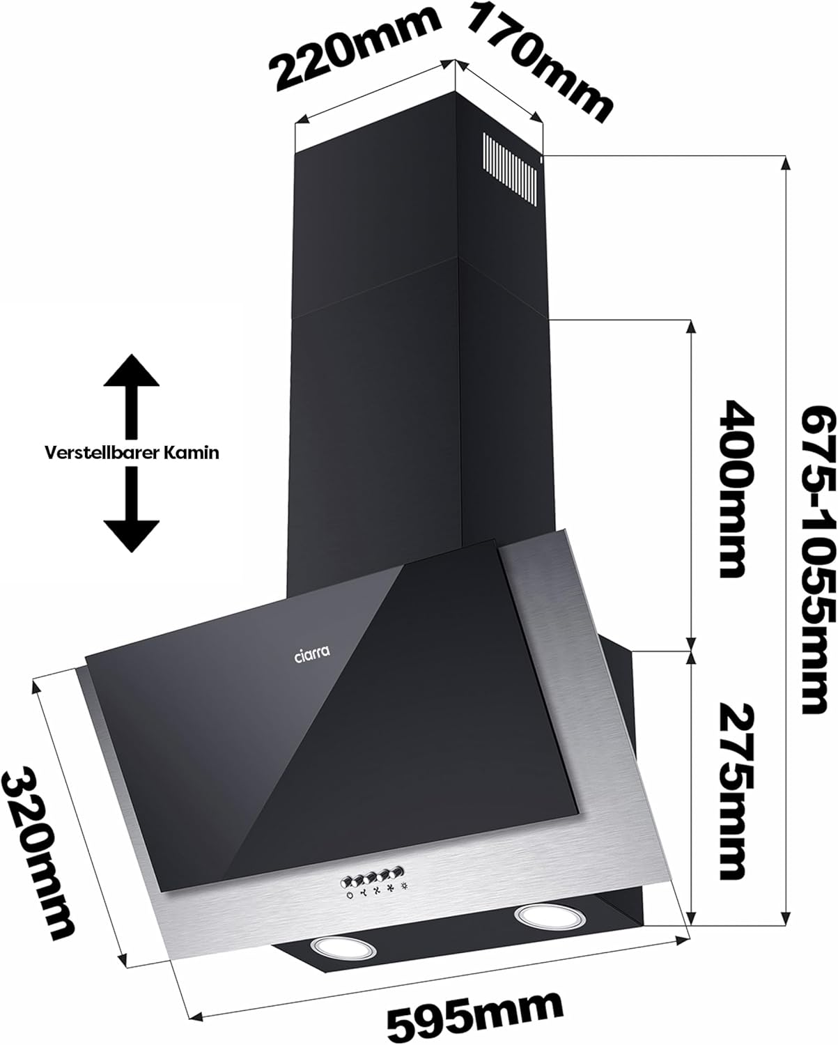 CIARRA CBCB6736C A++ Dunstabzugshaube 60 cm Umluft Kopffreie Schräghaube 350 m³/h 3 Stufen Dunstabzug CBCF002X2 Kohlefilter LED-Beleuchtung Abluft Abzugshaube Schwarz