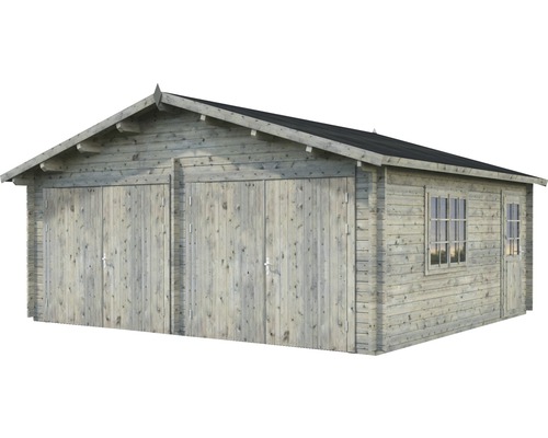 Dubbele garage Palmako Roger, 28,4 m², met houten deuren, 575 x 510 cm, grijs gedompeld.
