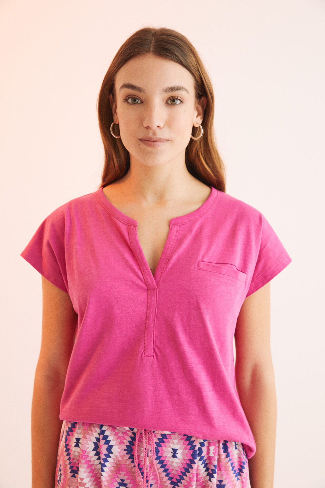 Camiseta de manga curta rosa fúcsia 100% algodão - Fúcsia