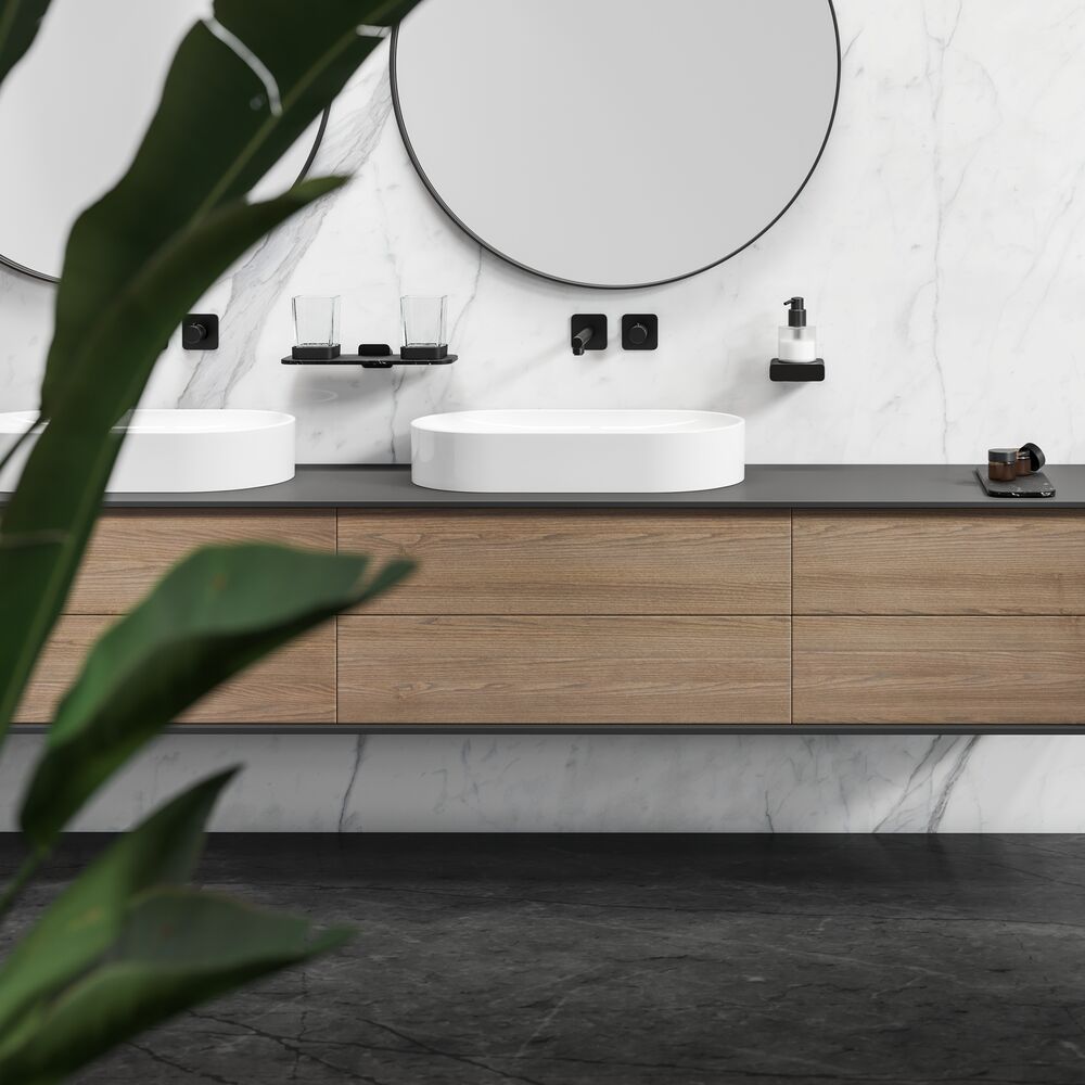 Geesa Shift glashouder dubbel zwart met planchet van matzwarte marmerlook