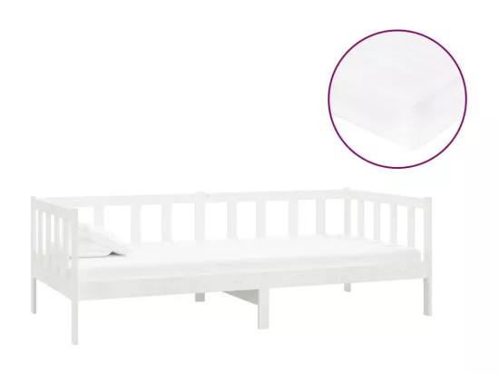 Lit de repos avec matelas 90x200 cm Blanc Bois de pin massif