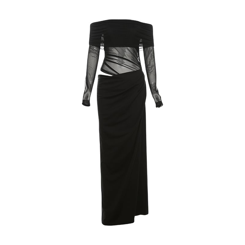 Bababy - Lange mouw off-shoulder maxi-jurk met effen kleur