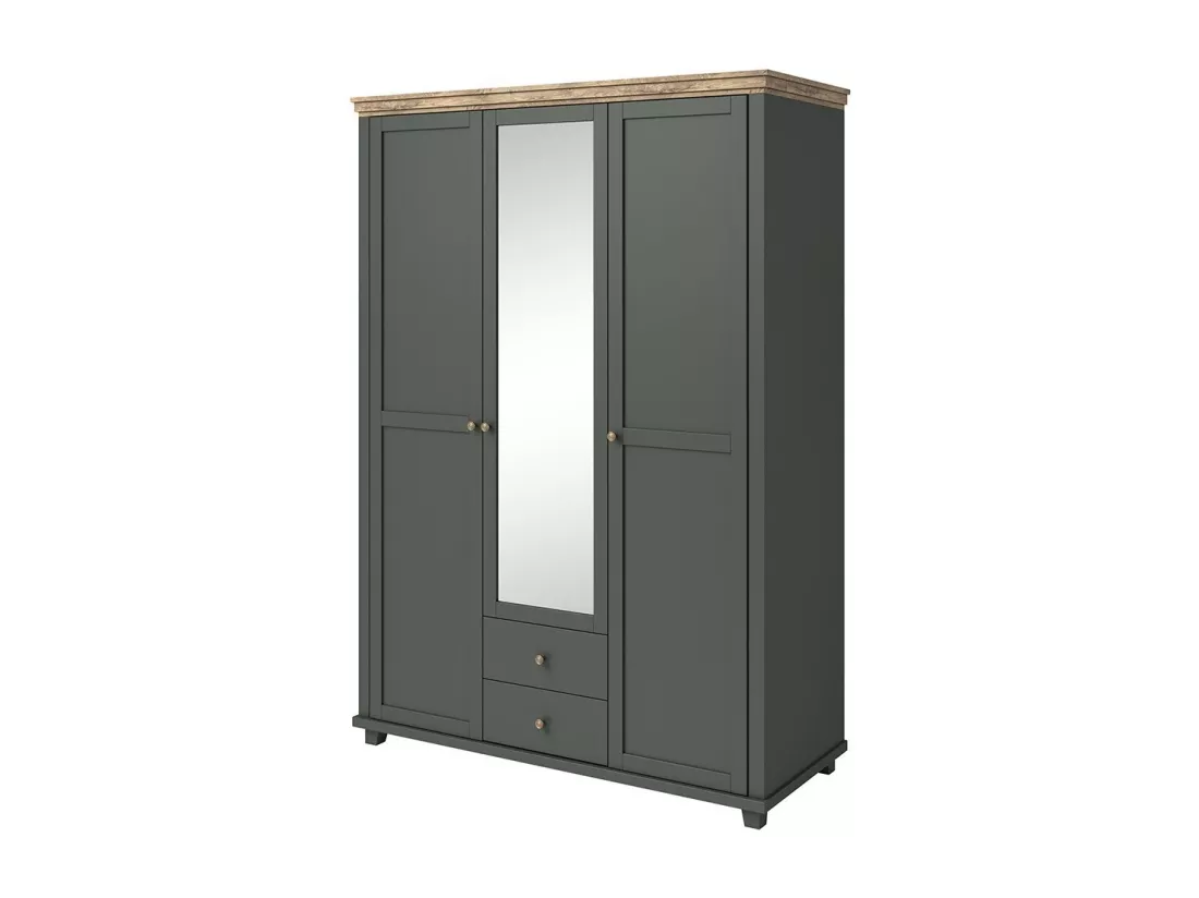 Armoire 150x220 avec 3 portes et 2 tiroirs. Coloris vert kaki et chêne. Collection ASSIA