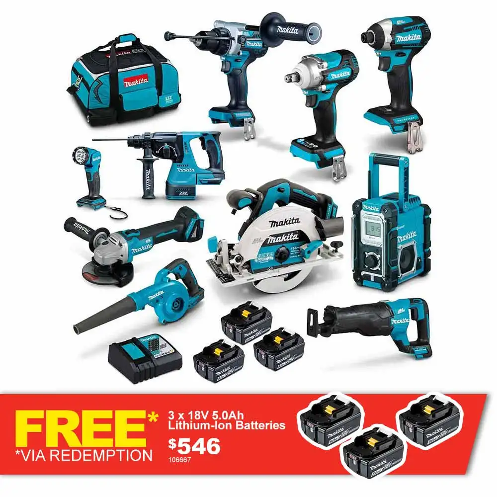 MAKITA 18V BRUSHLESS 10 PIECE 3 X 5.0AH COMBO KIT DLX1042TX1