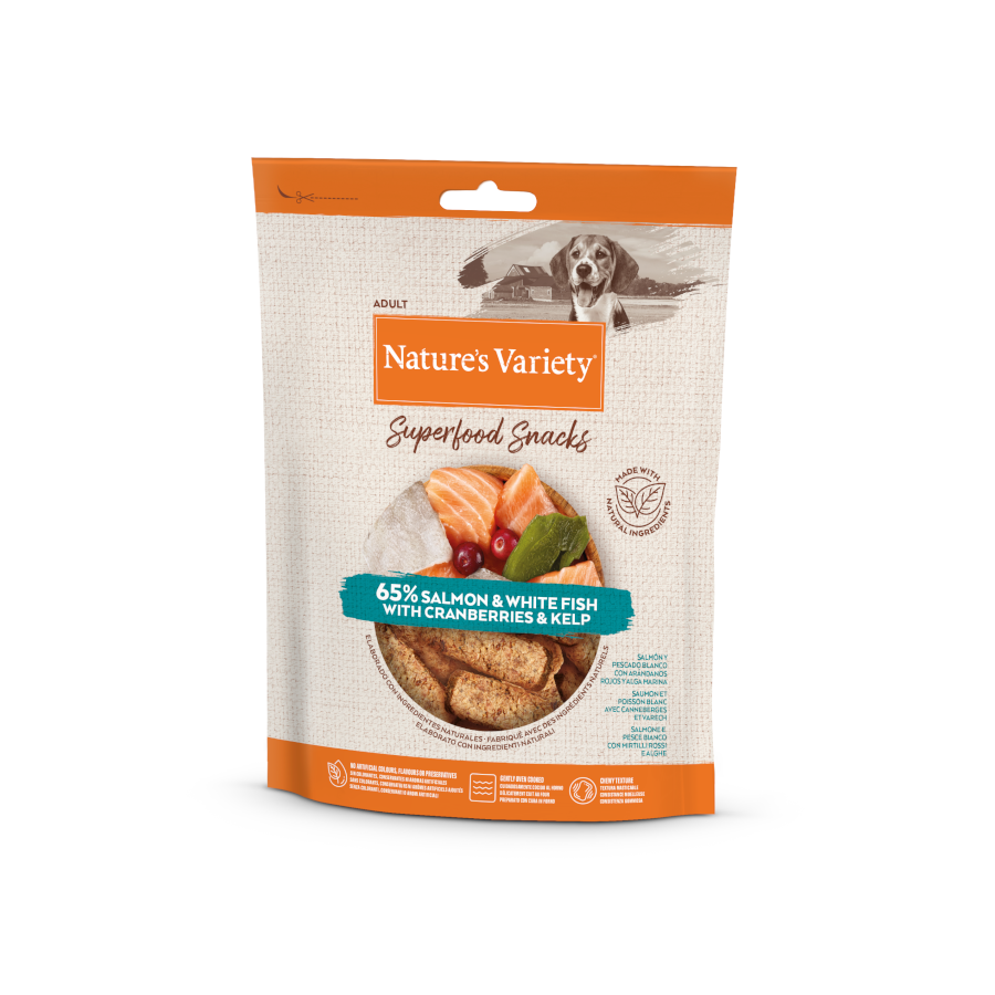 Barras de salmão Nature's Variety, petiscos supernutritivos para cães.