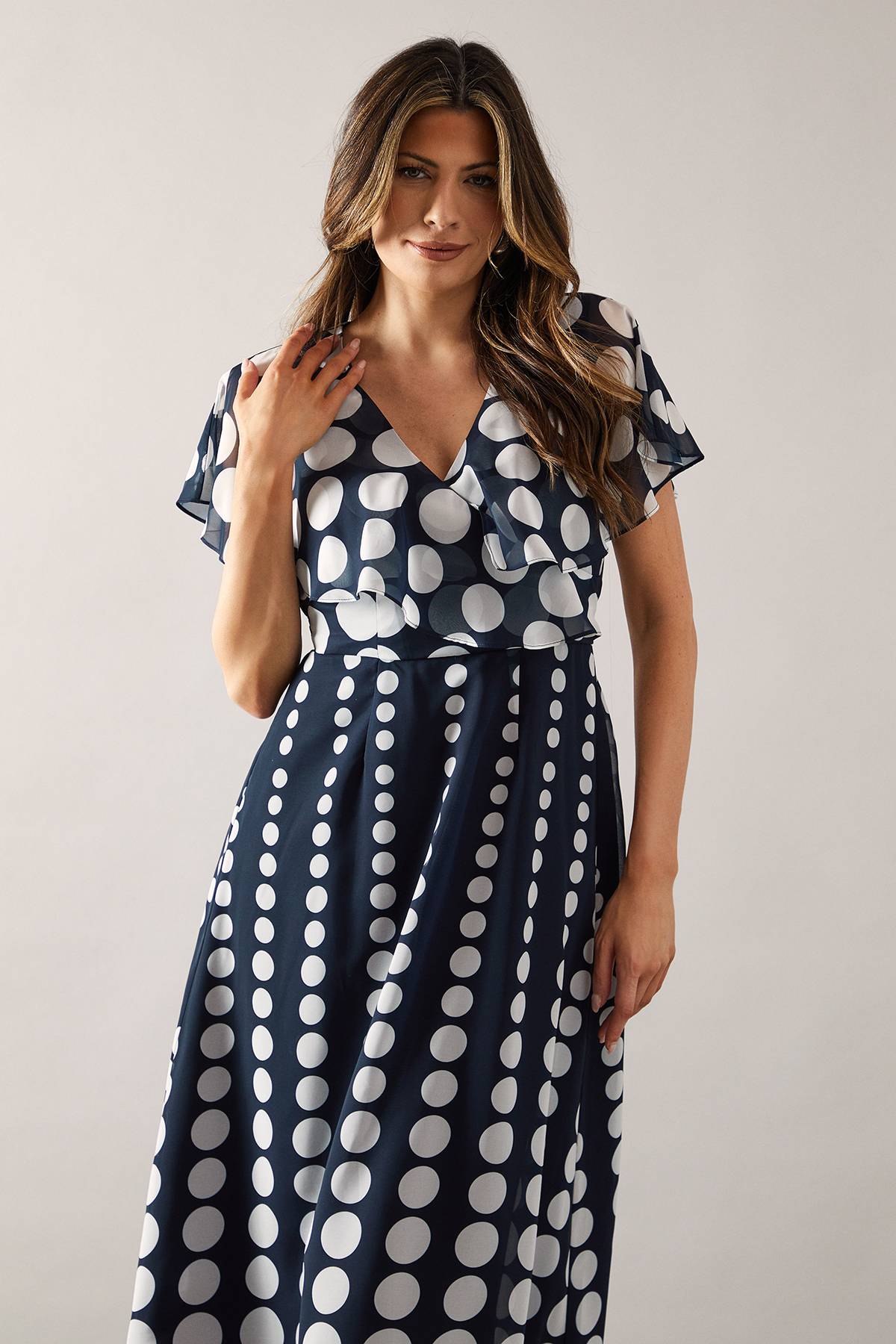 Wallis Robe Midi à Manches Cape Imprimé Pois Bordure