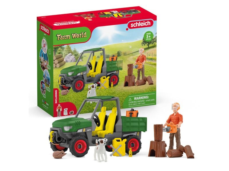 Schleich Spielfigurenset Farm World Waldbauer mit Fahrzeug Traktor-Spielset mit 49 Teilen