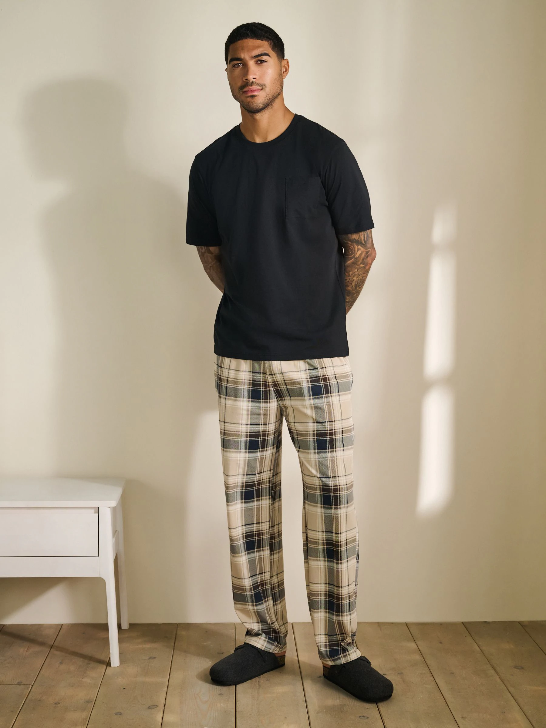 Naturel/zwart geruit - Jersey pyjama met korte mouwen