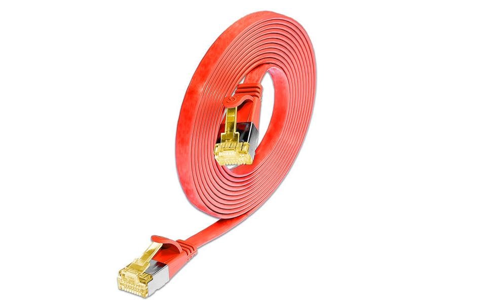 Slimpatchkabel Cat 6A, U/FTP, 0.1 m, RotGeschirmtes Cat 6A flaches Twisted-Pair-Kabel (U/FTP) mit Klinkenschutz und vergoldeten RJ-45 Steckern