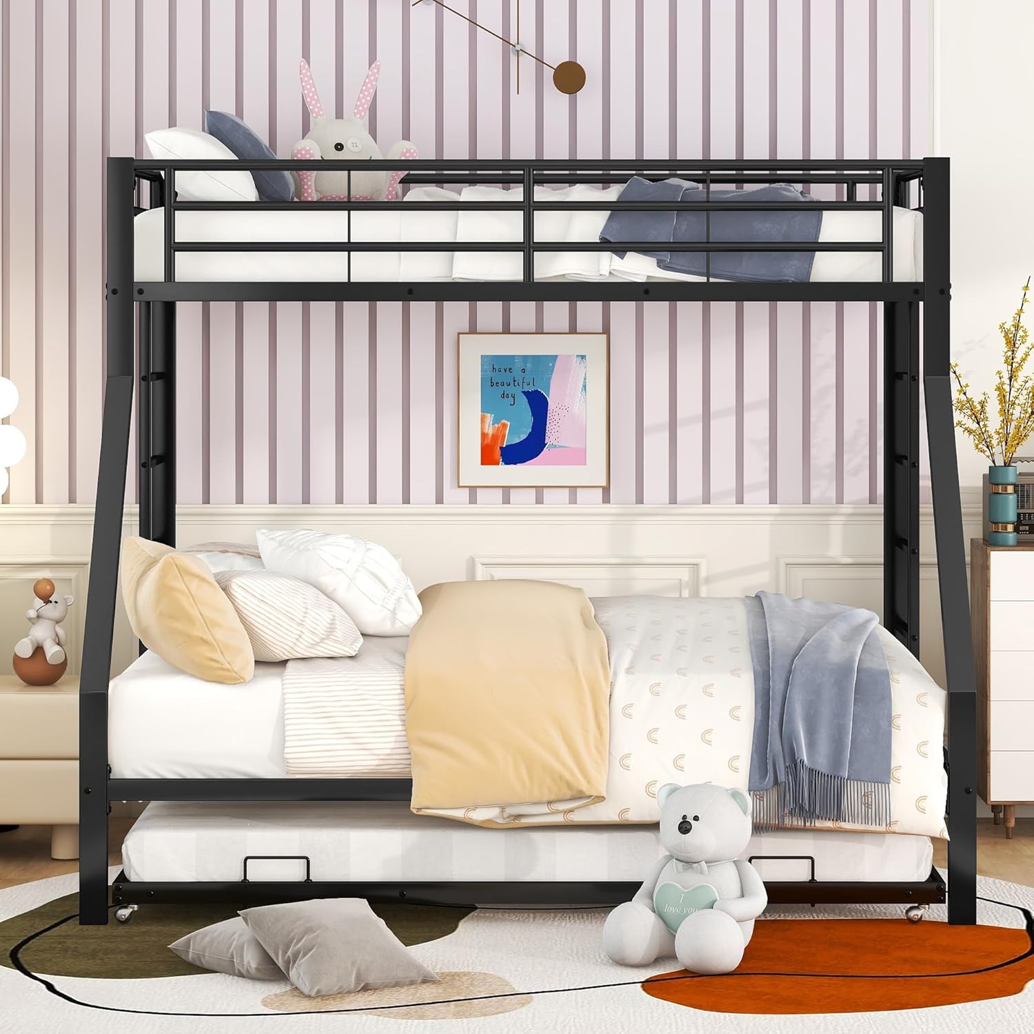 Moimhear Etagenbett, Metallbett mit ausziehbarem Bett,mit Leiter auf beiden Seiten für Kinder, Jugendliche, Erwachsene, einfach zu montieren, 90(140) x200cm (schwarz)