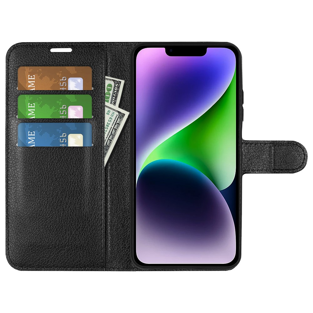 iPhone 15 Leder Tasche Flip Cover Litchi Look - Schwarz