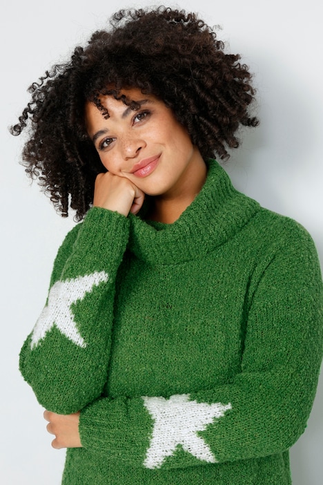 Long-Pullover, Bouclé-Strick, Sterne, Rollkragen, Langarm
