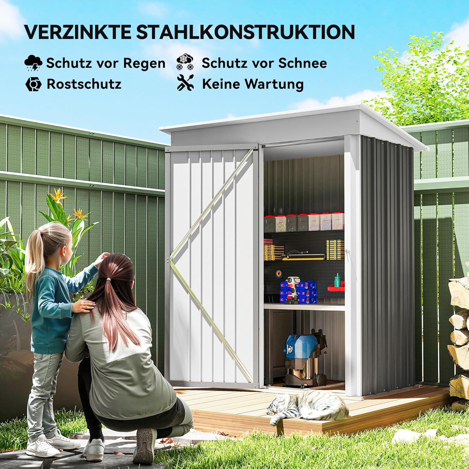 Outsunny Metall Gerätehaus 1,36m² 161 x 95 x 181cm Geräteschuppen mit Pultdach Fundament verstellbare Regale Abschließbarer Tür wetterfest Gartenhaus Outdoor Garten Schuppen für Außenbereich