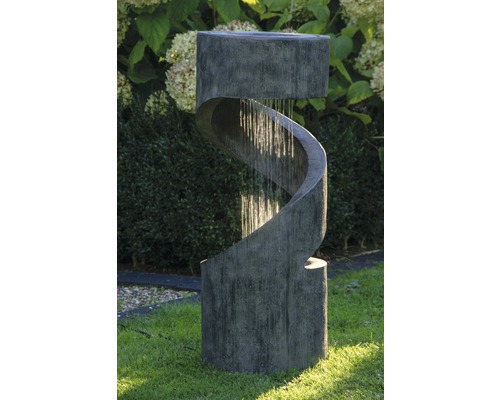 Design tuinfontein met LED-verlichting, 31,5 x 31,5 x 79,5 cm, kunststeen, grijs, inclusief slang en pomp.