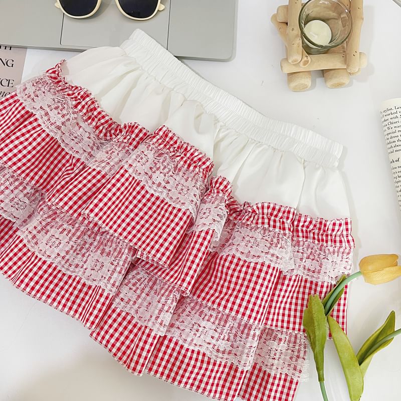 Iasia - Mini A-lijn rok met elastische taille en ruitjeskant