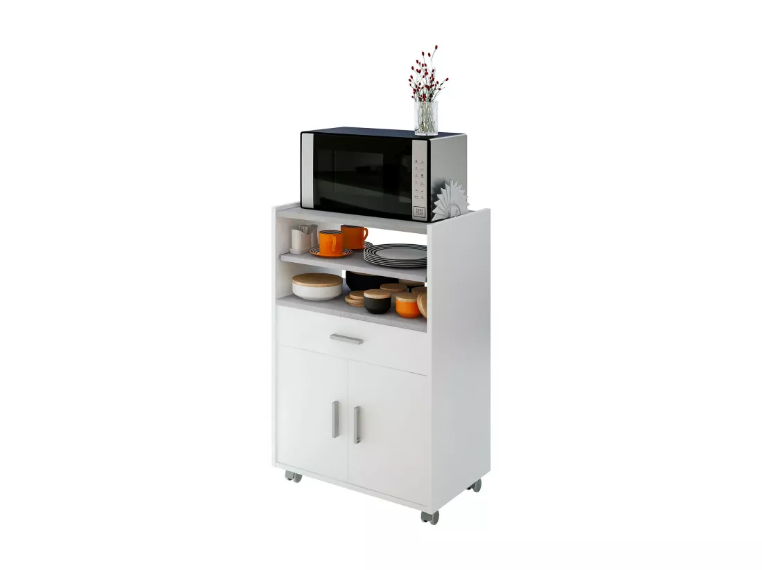 Chariot Dmatte, Armoire de cuisine auxiliaire à roulettes, Armoire polyvalente avec 2 portes et 1 étagère, 59x40h92 cm, Blanc