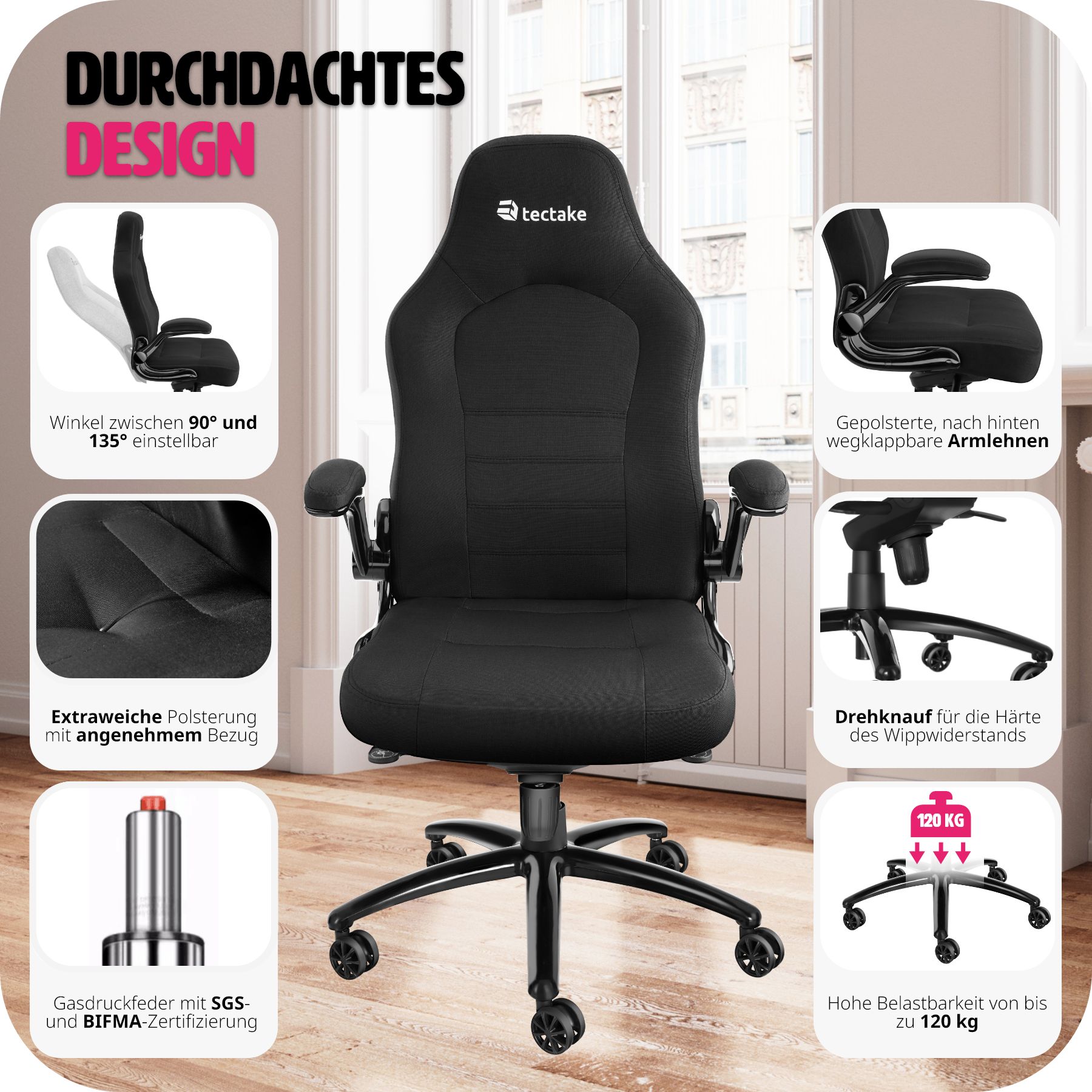tectake® Bürostuhl, ergonomische Form, mit Stoffbezug, klappbare Armlehnen und Wippfunktion, stufenlos höhenverstellbar