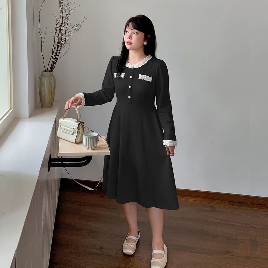 Tripoly - Plus Size Midi A-lijn jurk met lange mouwen en kantversiering