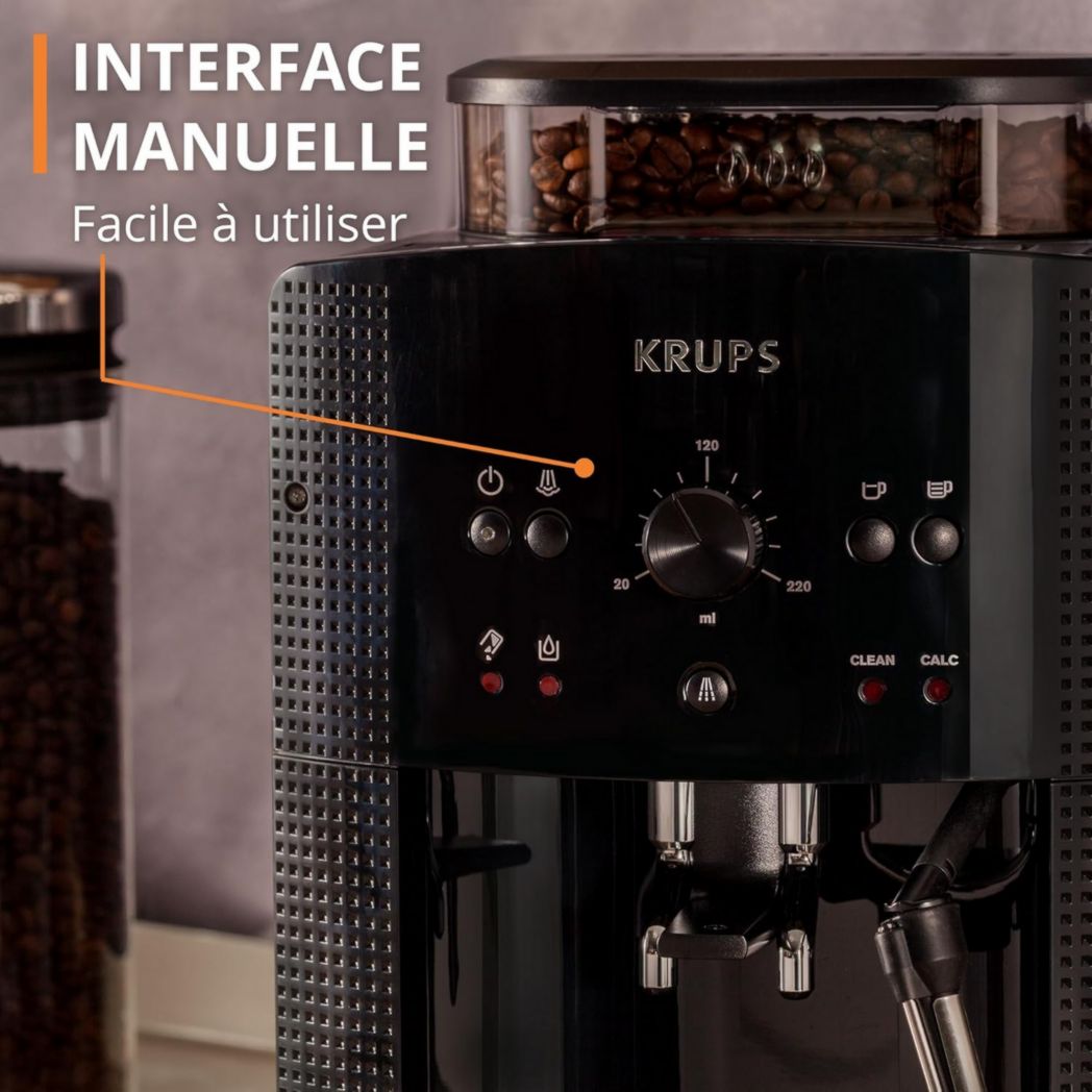 Krups Machine à café à grains, 1,7 L, 2 tasses simultanément, Nettoyage automatique, Buse vapeur pour cappuccino, Cafetière expresso, Essential black YY8125FD, Noir