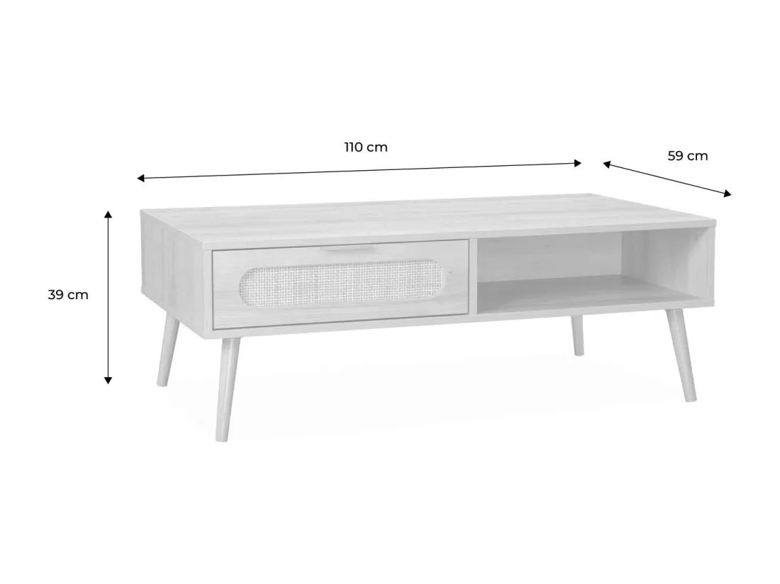 Table basse. Eva. scandinave en cannage arrondi et en décor bois. 1 tiroir réversible L110 x l59 x H39cm