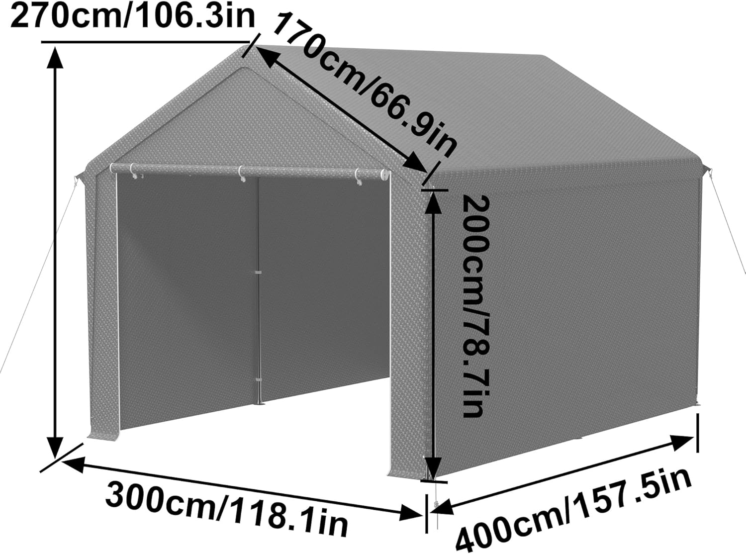 Aufun Carport Zeltgarage 3x4m, Wasserdichtes Lagerzelt mit PE-Dach, Reißenresistenter Garagenzelt mit abnehmbaren Seitenwänden, UV-beständig Winterfest Unterstand für Auto, SUV, LKW, Boot, Grau