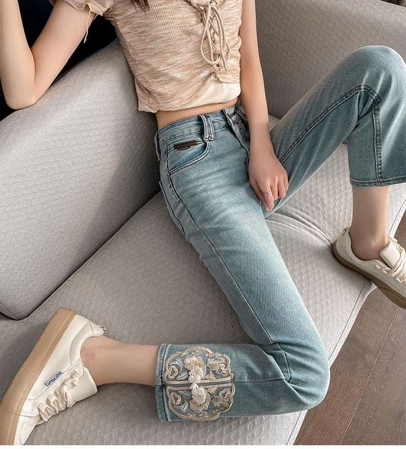 Wisjam - Hoge taille geborduurde gewassen cropped straight leg jeans
