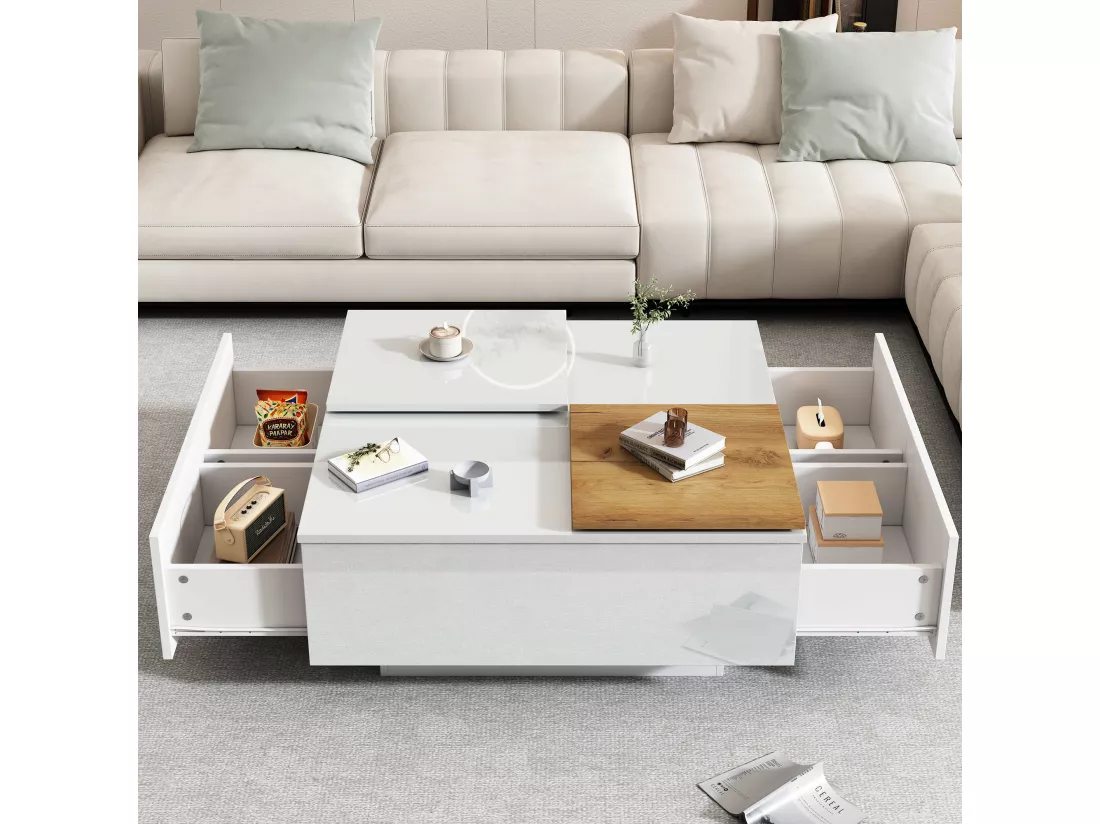 Table basse carrée moderne en bois blanc laqué 75x75x33,5 cm avec plateau mobile, capacité de charge jusqu'à 30 kg, 4 tiroirs