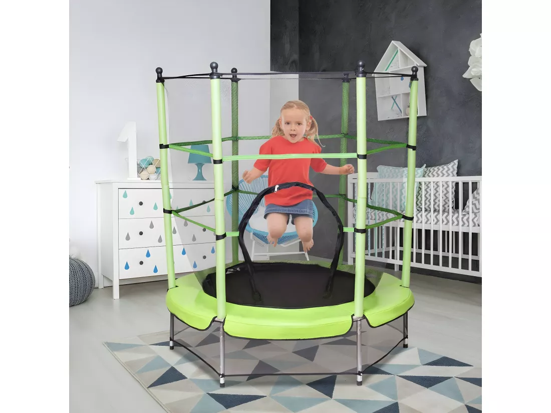 Trampoline Ø 140 cm,Filet de Protection,Echelle,Rond,Vert