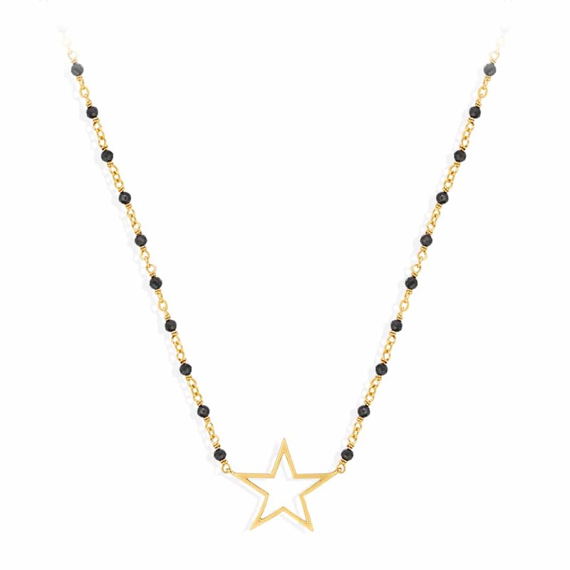 Collier Argent Doré étoile Et Pierre Spinelle Noire