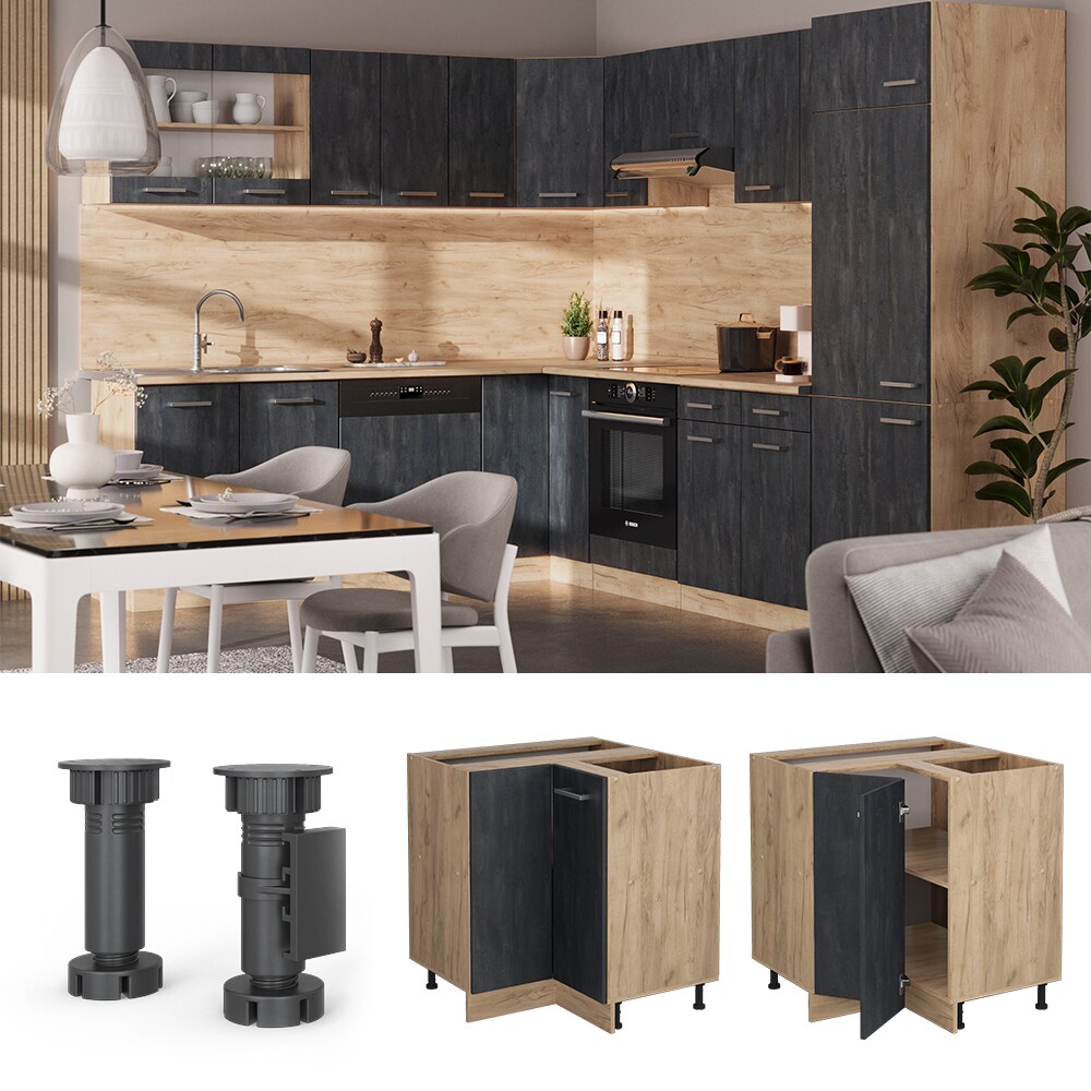 Vicco Eckunterschrank R-Line Schwarz Beton Eiche 87 cm ohne Arbeitsplatte