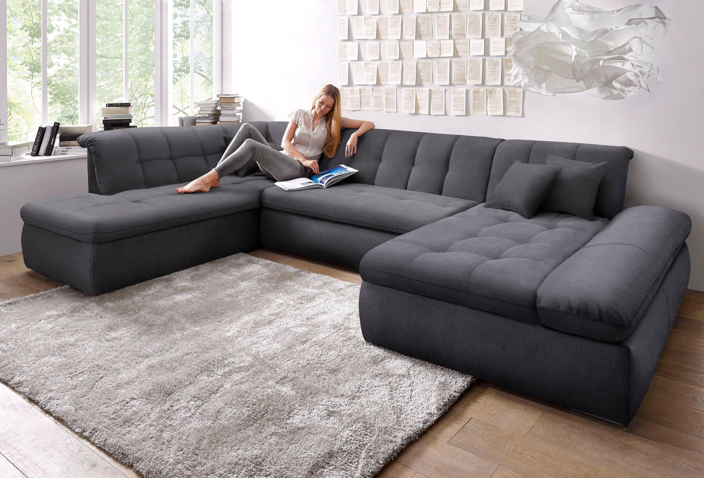 DOMO collection Wohnlandschaft »NMoric im XXL-Format, B/T/H: 353/216/80 cm, incl. Zierkissen U-Form« wahlweise mit Bettfunktion und Armlehnenverstellung