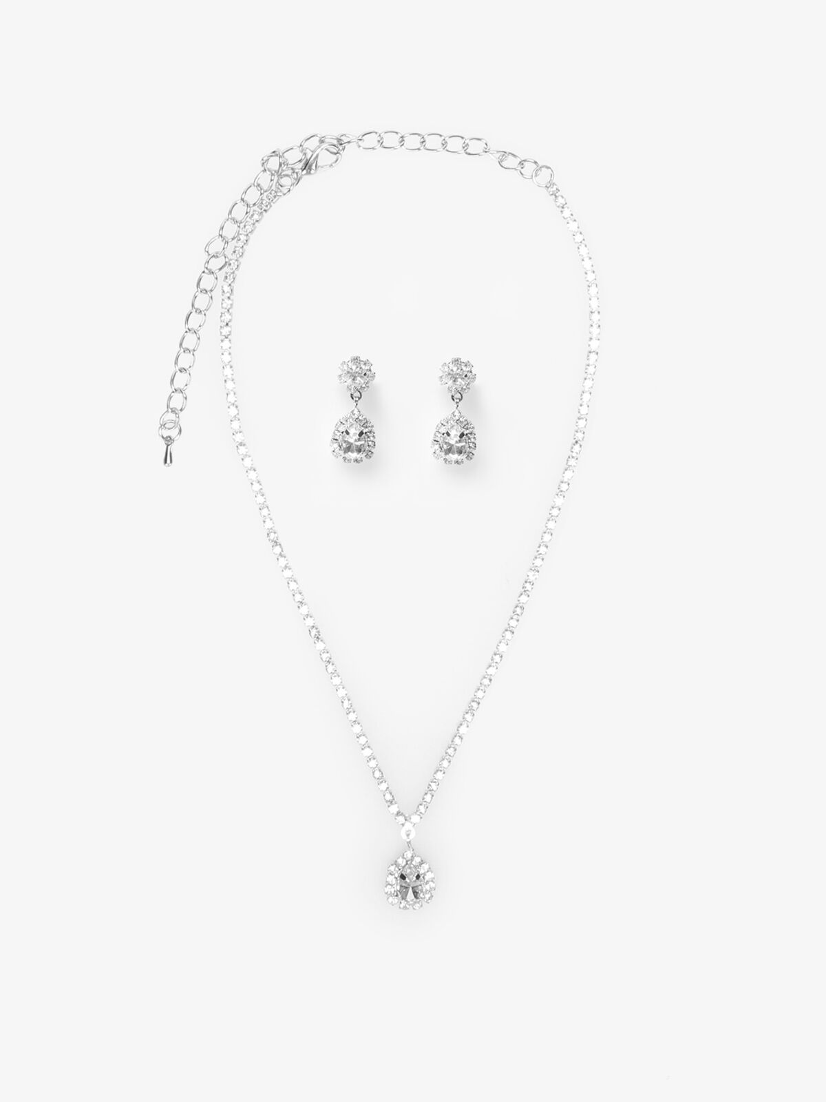 Parure collier et boucles à strass et pendentif goutte- Argenté