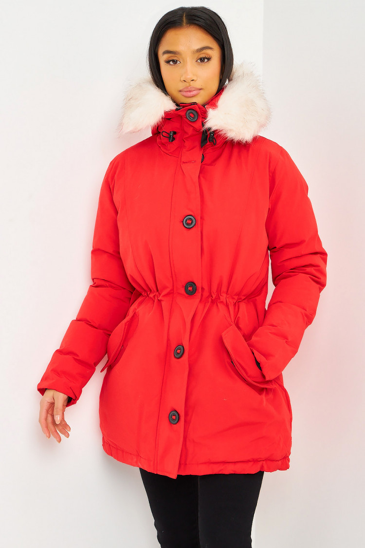 Parka rouge mi-longue à capuche fourrure blanche
