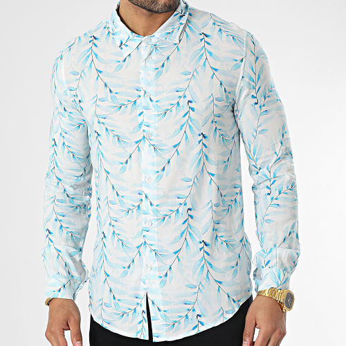 Chemise Manches Longues Floral Blanc Bleu Ciel