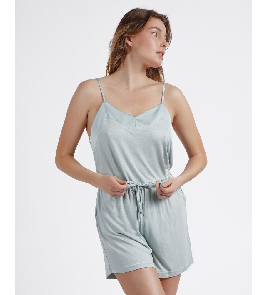 Pijama Admas com suspensórios verdes e faixas de cetim