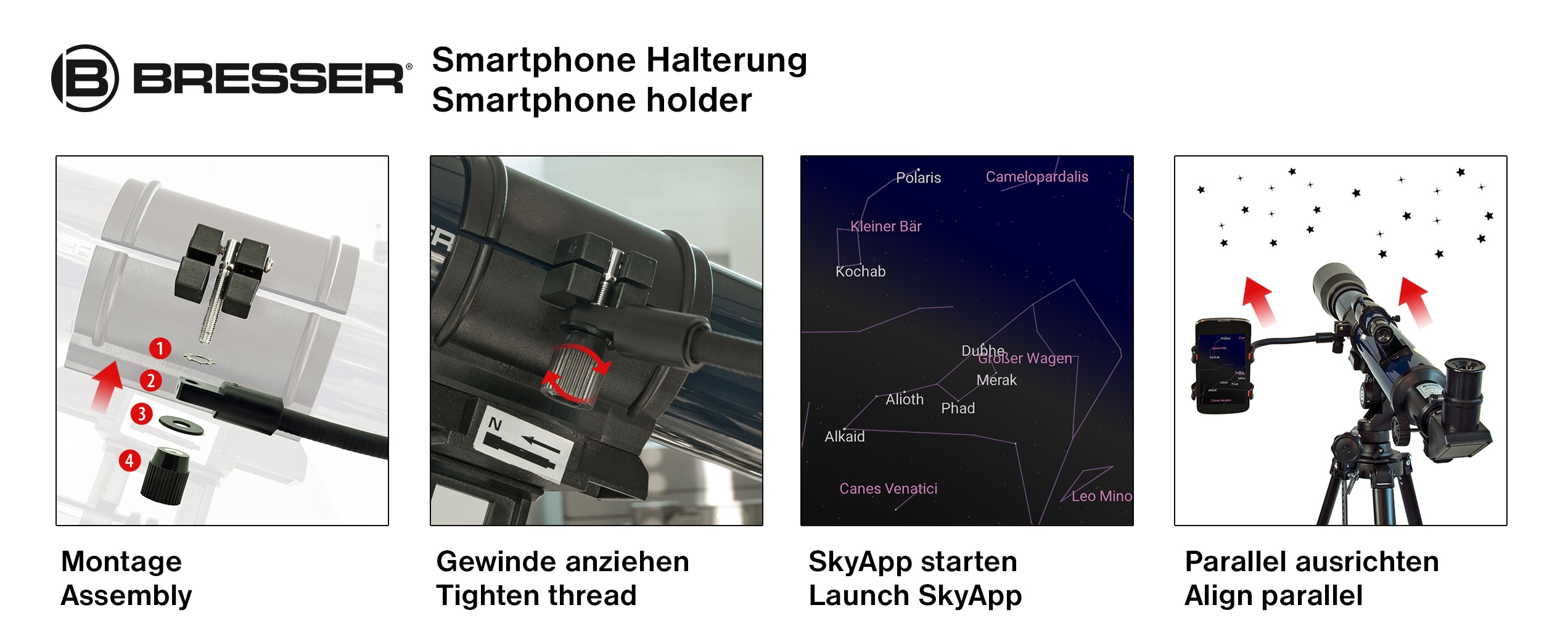 BRESSER SKYLUX Linsenteleskop 70/700mm mit Smartphone-Halter und Sonnenfilter Sprache: Language Code 1