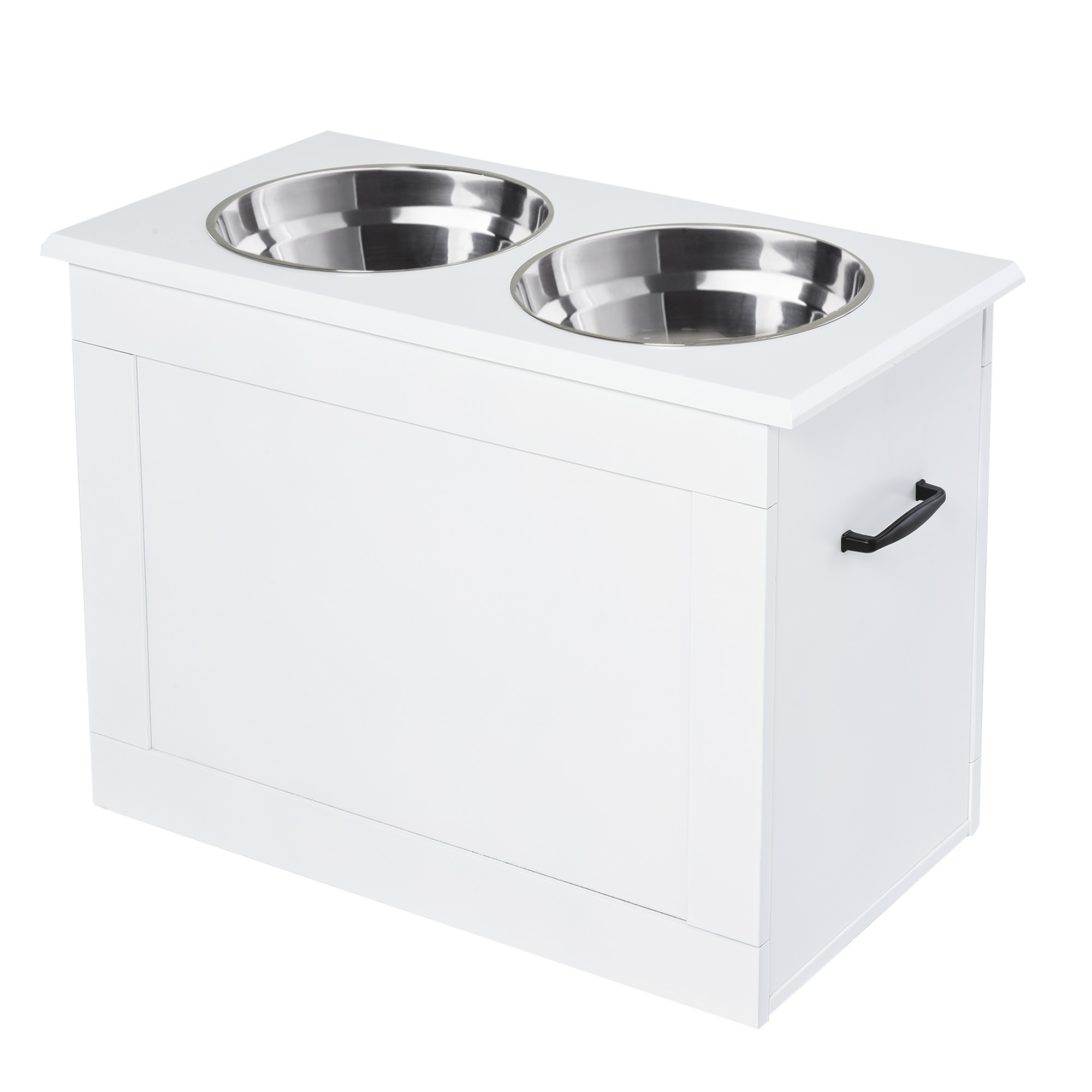 Comedouro elevado para cães PawHut, com 2 tigelas de aço inoxidável e espaço de armazenamento oculto, 60x30x41 cm, branco.