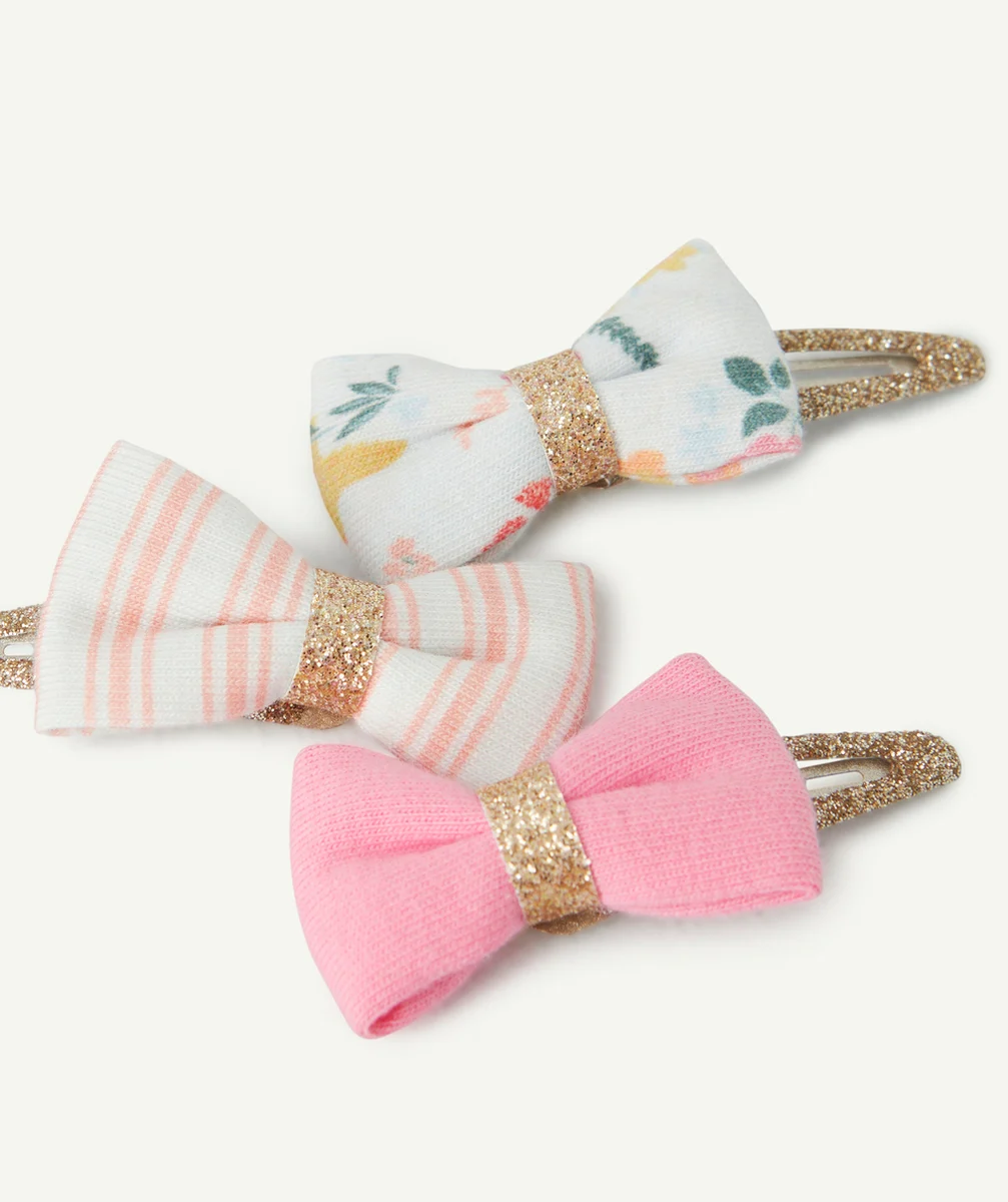 LOT DE 3 BARRETTES PINCES BÉBÉ FILLE AVEC NOEUDS ROSE ET IMPRIMÉS