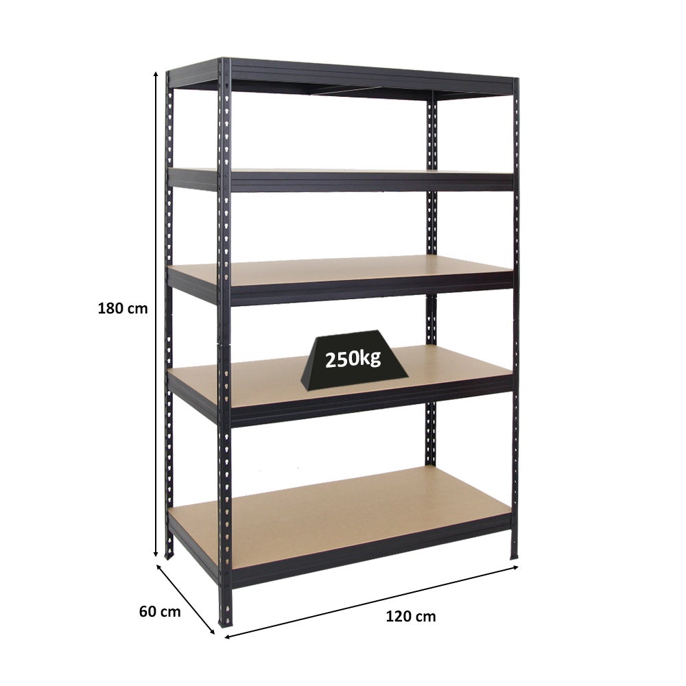 PROREGAL Rivet Heavy-Duty stellingkast (H x B x D): 180 x 120 x 60 cm, draagvermogen van de stelling: 250 kg, innovatief insteeksysteem, zwart