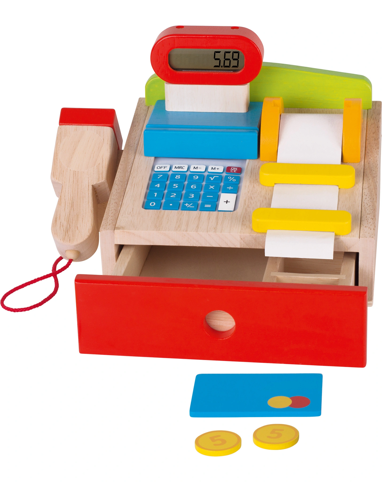 Kaufmannsladenkasse mit Taschenrechner aus Holz