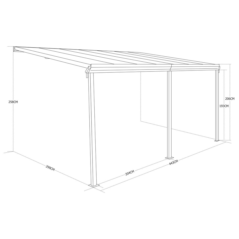 Pergola murale 3x4 m en aluminium et polycarbonate avec gouttière. Adossée. Avenio