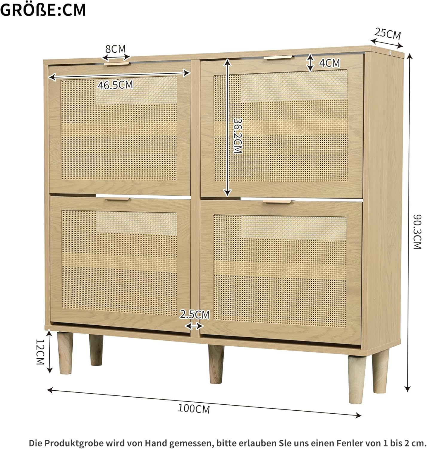 Schuhschrank mit 4 Klappschubladen, Schuhkommode aus Rattan mit Metallgriffen, Holzmöbel, Landhausstil, Maße: 100 x 25 x 90 cm