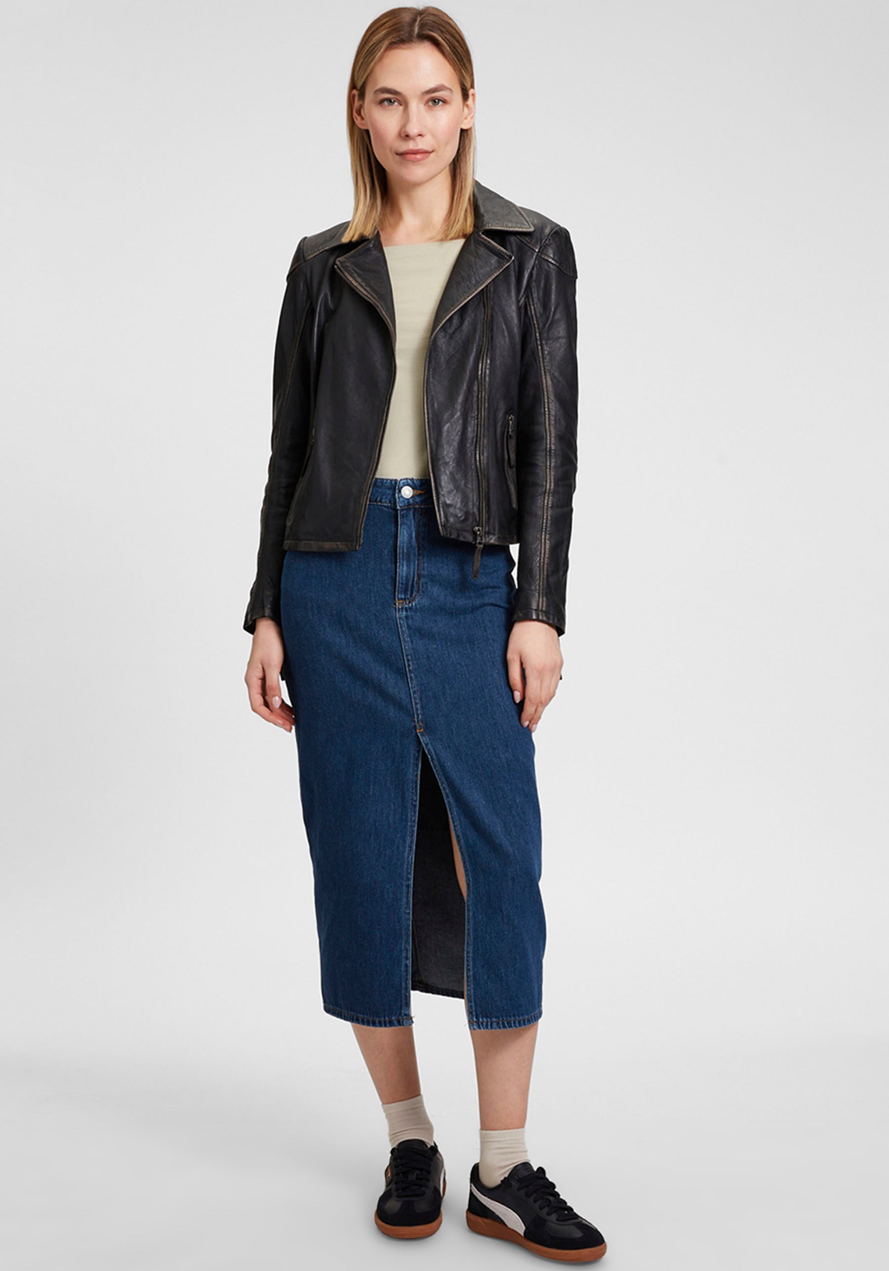 Mauritius Lederjacke »MWPeggie« im Vintage-Look, asymetrischer Reissverschluss, Reverskragen