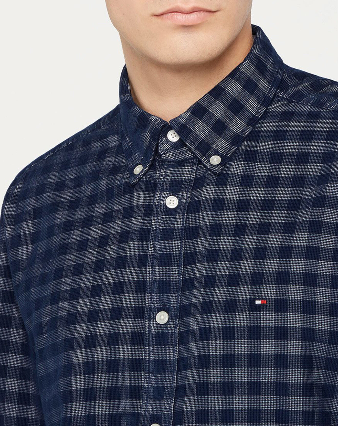 Tommy Hilfiger Chemise Regular 100% Coton Bio Velours Corduroy Gingham à carreaux bleu/gris