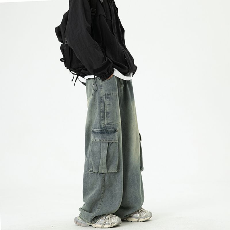 Neonity Wear - Mid Rise Washed Wide Leg Cargo Jeans