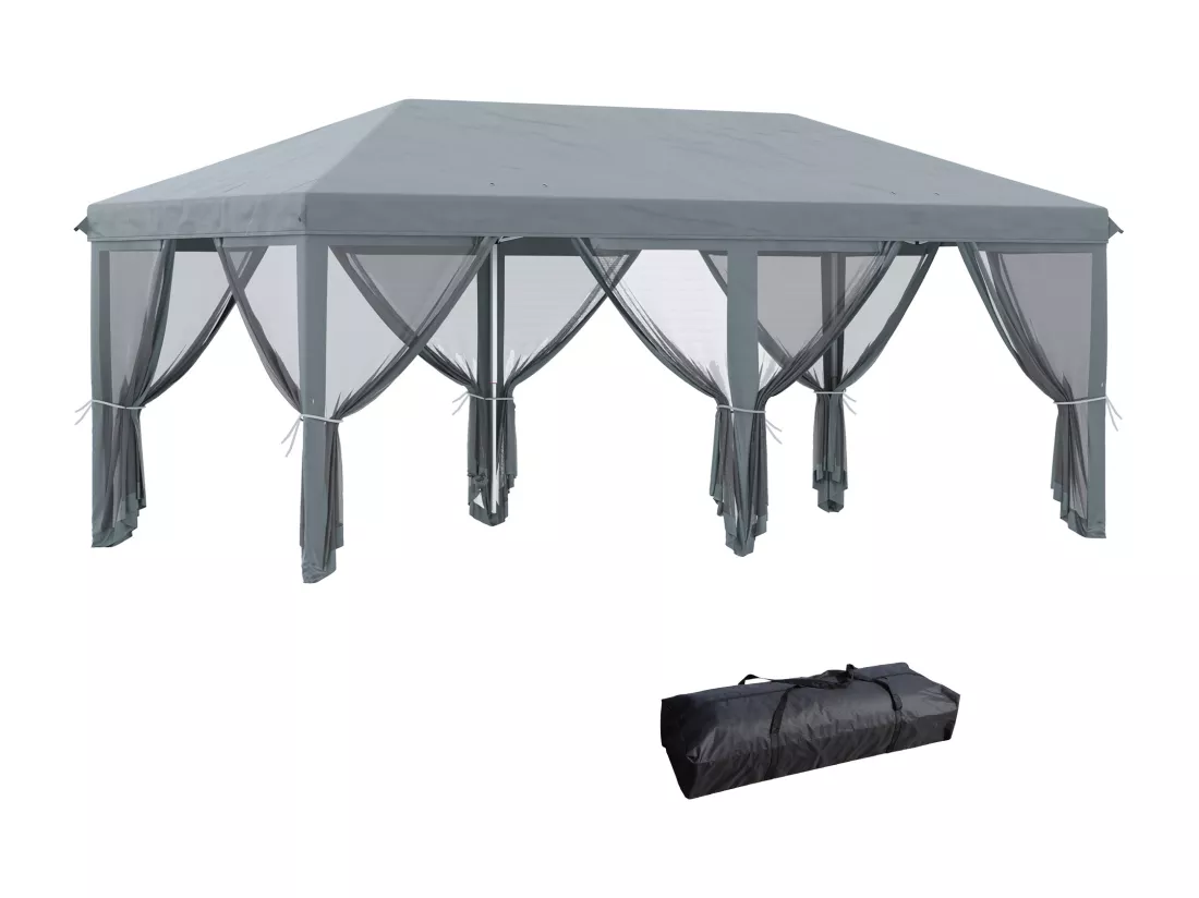 Tonnelle barnum pliant style colonial dim. 5,85L x 2,95l x 2,7H m 6 moustiquaires sac de transport gris