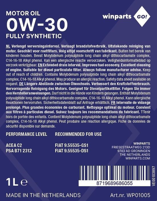 Winparts GO! 0W30 - Motorolie - Volsynthetisch - 1L